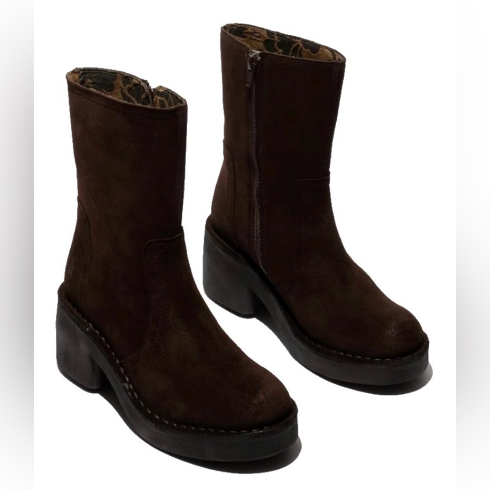 Fly London Brown Suede Platform Mid-Calf Boots
